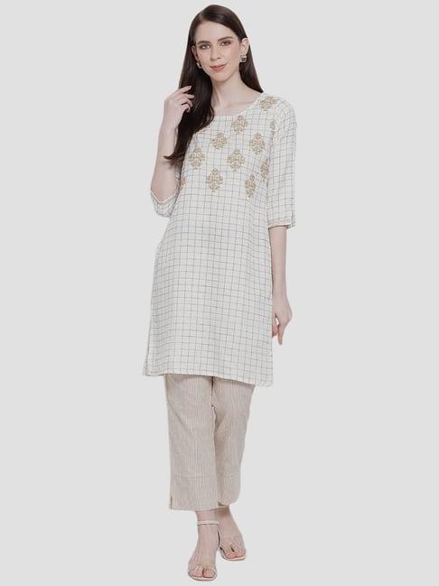 span off-white cotton striped kurta pant set