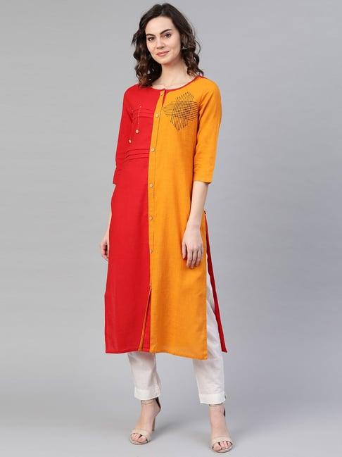 ksut red & yellow embroidered straight kurta