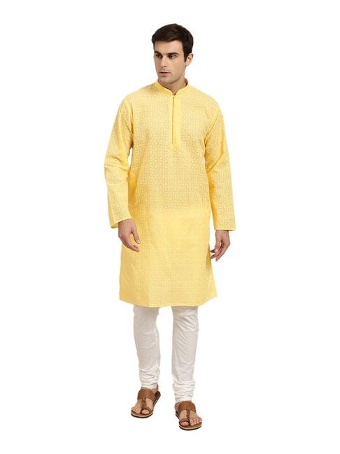 sojanya yellow & white embroidered kurta set