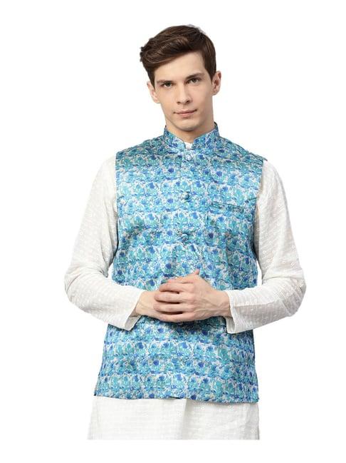 sojanya blue & steel printed nehru jacket