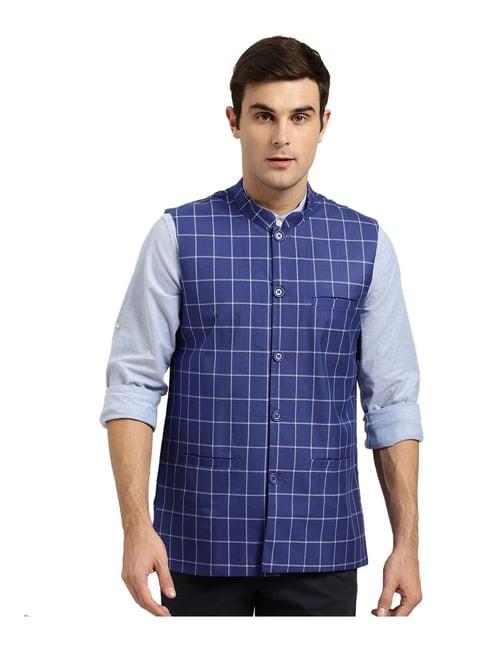 sojanya royal blue & off white checks nehru jacket