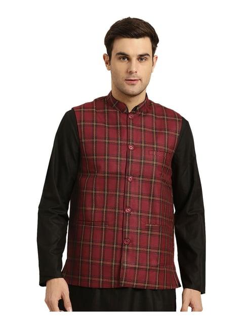 sojanya maroon & black checks nehru jacket