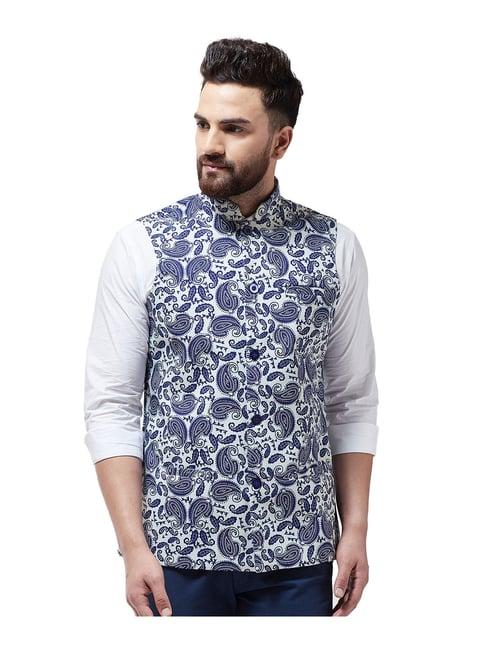 sojanya cream & royal blue paisley print nehru jacket