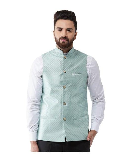 sojanya sea green & gold printed nehru jacket