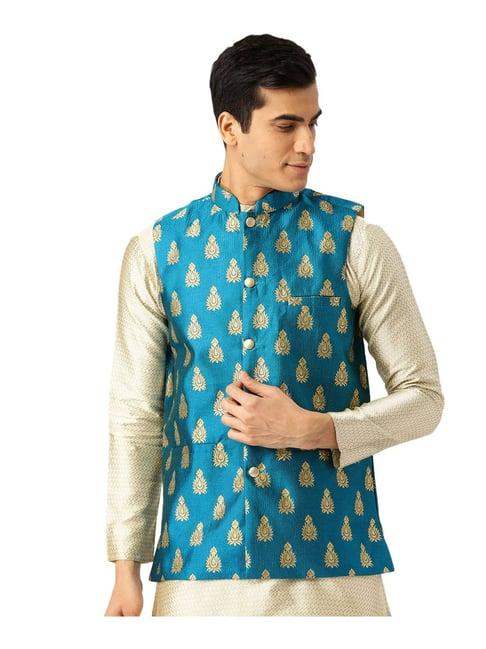 sojanya teal printed nehru jacket