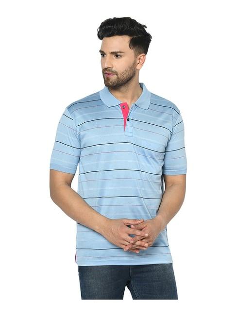 duke sky blue cotton regular fit striped polo t-shirt