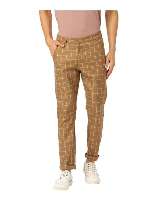 sojanya khaki & off-white checks casual trousers