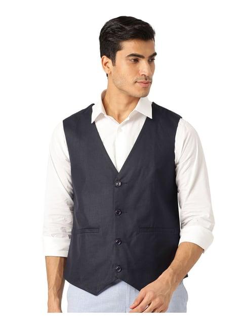 sojanya navy regular fit waist coat