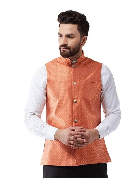 sojanya orange & gold printed nehru jacket