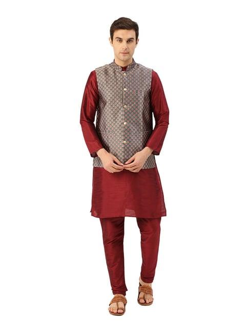 sojanya maroon & charcoal grey floral print suit