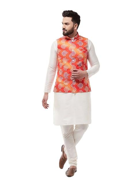 sojanya off white & orange printed suit