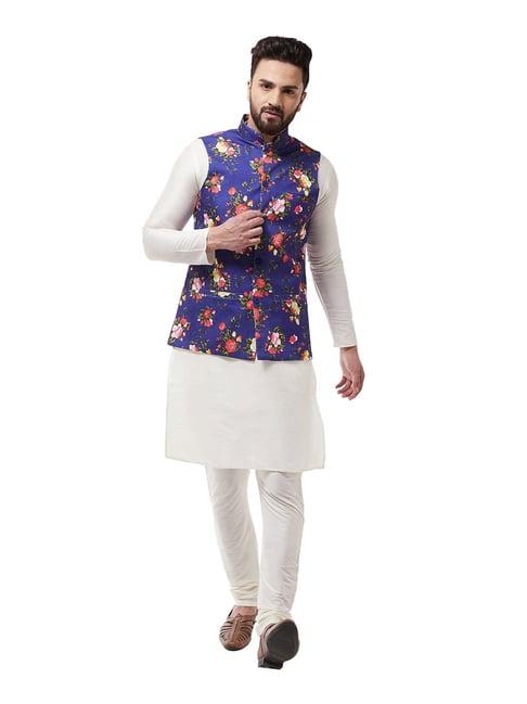 sojanya off white & royal blue floral print suit