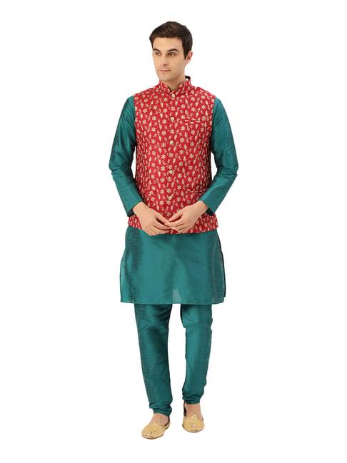 sojanya teal green & red embroidered suit