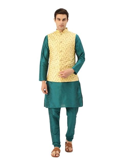 sojanya teal green & lemon yellow embroidered suit