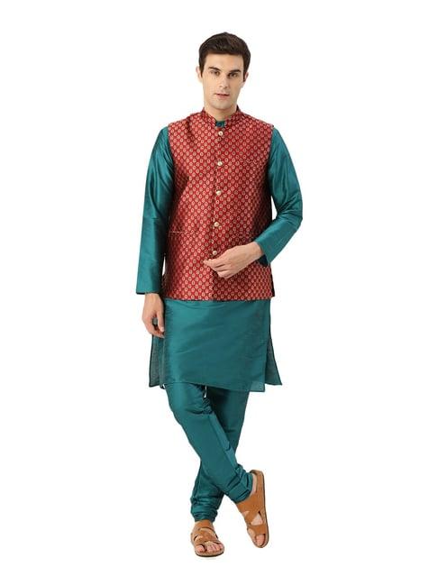 sojanya teal green & maroon floral print suit