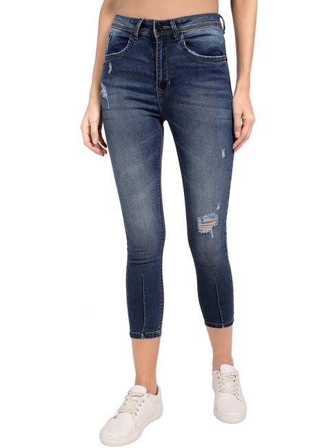 recap indigo blue cotton distressed jeans