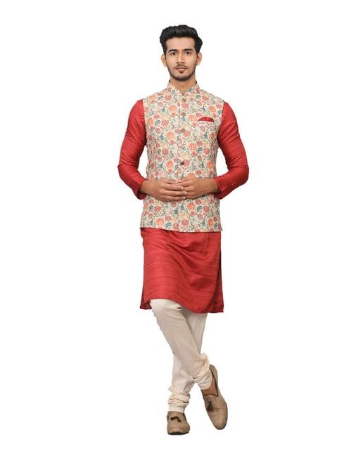 manyavar maroon & beige printed ethnic kurta set with jacket