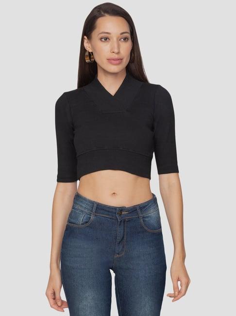 salwar studio black self pattern crop top