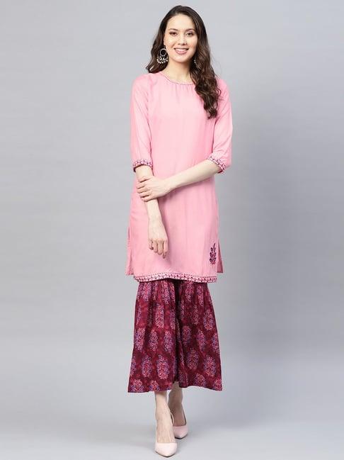 yufta pink cotton kurti sharara set