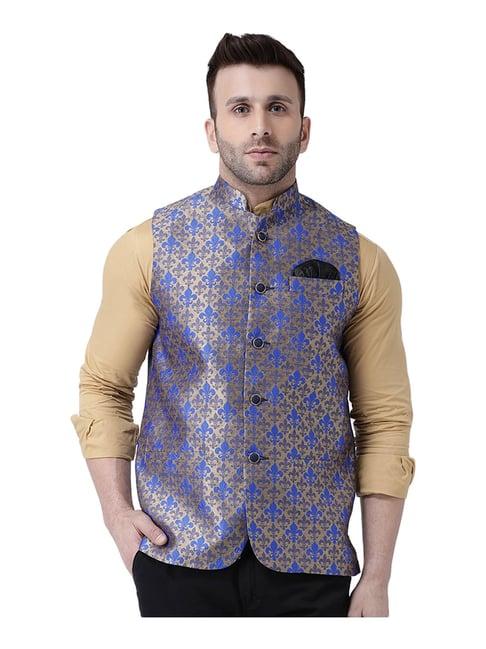 hang up blue & gold regular fit jacquard bundi jacket