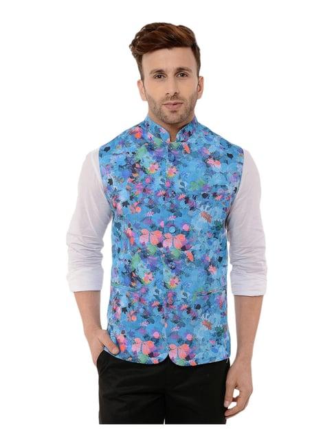 hang up blue & pink regular fit printed bundi jacket