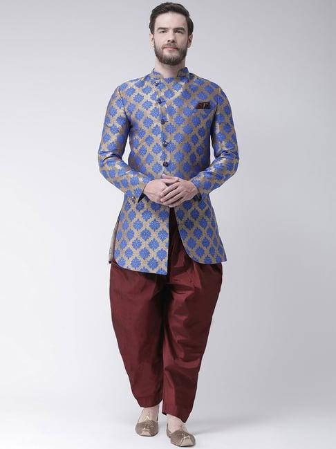 hang up blue & golden regular fit jacquard sherwani