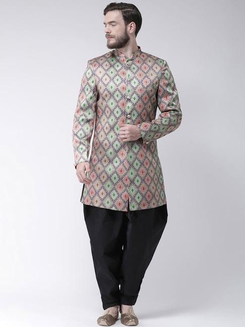 hang up green & coral regular fit printed sherwani