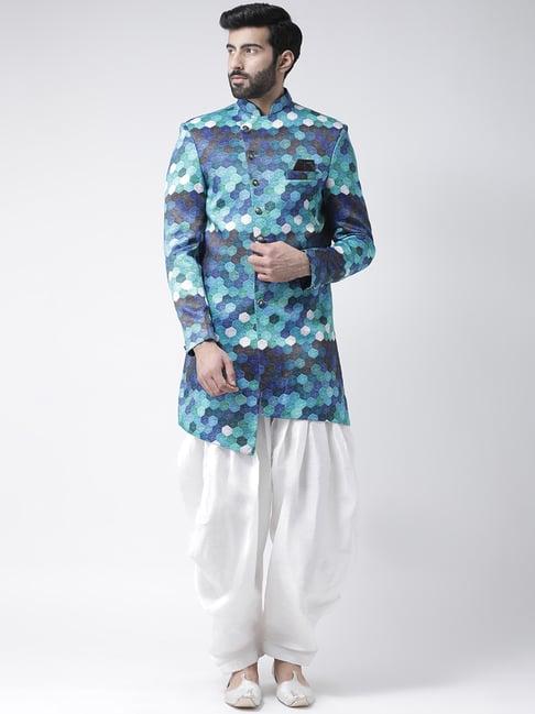 hang up green & blue regular fit printed sherwani