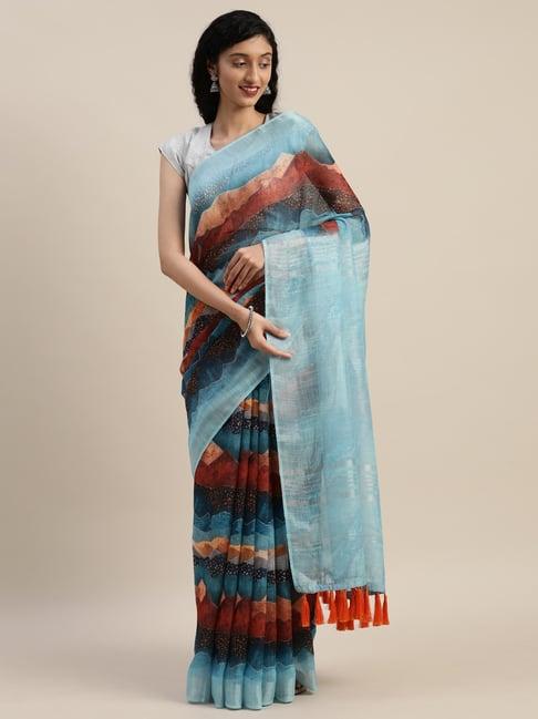 vastranand blue linen printed saree with unstitched blouse