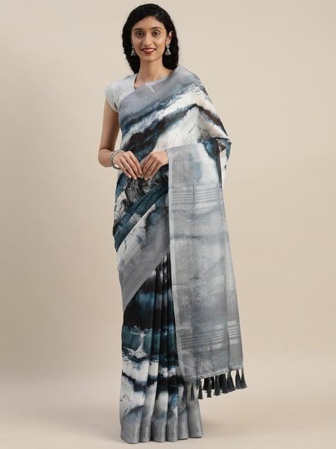 vastranand grey linen printed saree with unstitched blouse