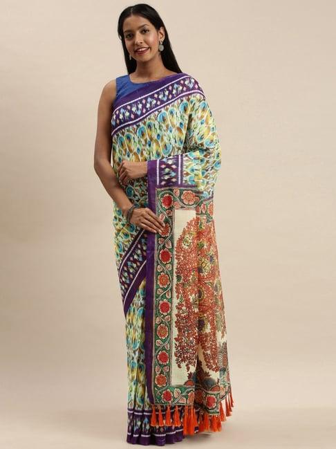 vastranand yellow & blue printed saree with unstitched blouse