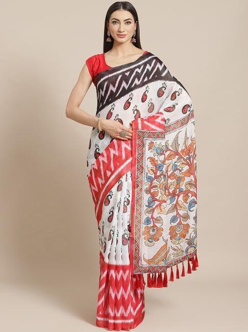 vastranand white & red printed saree with unstitched blouse