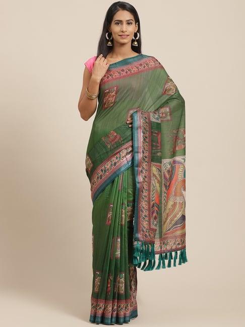 vastranand green printed saree with unstitched blouse