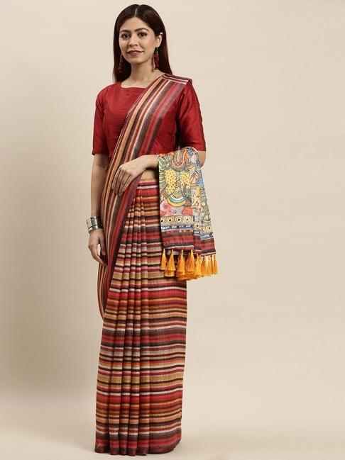 vastranand brown & maroon striped saree with unstitched blouse