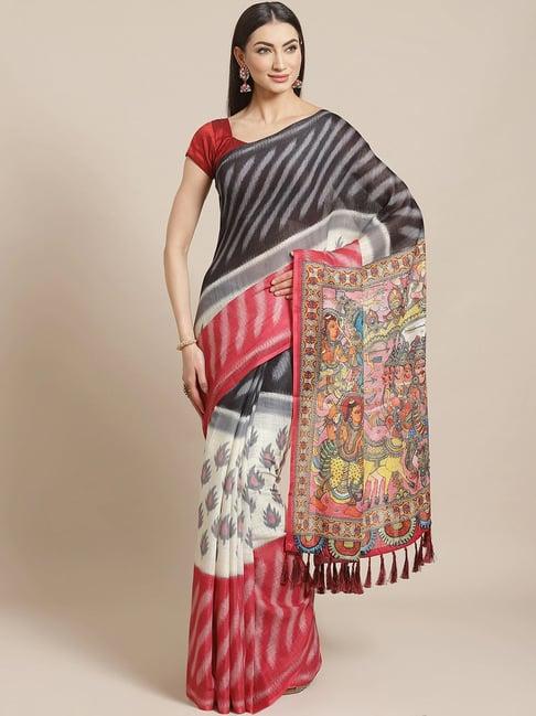 vastranand black & cream printed saree with unstitched blouse