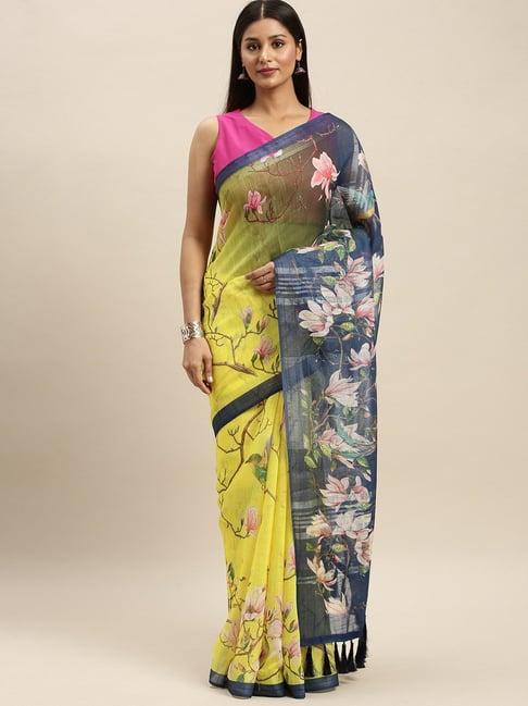 vastranand yellow floral print saree with unstitched blouse