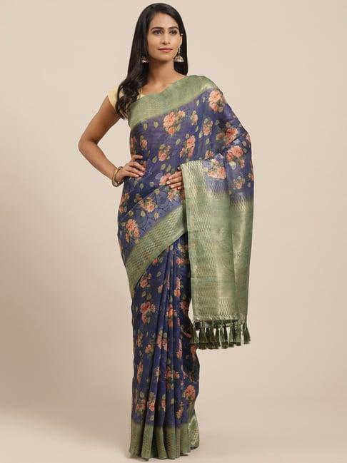 vastranand blue floral print saree with unstitched blouse