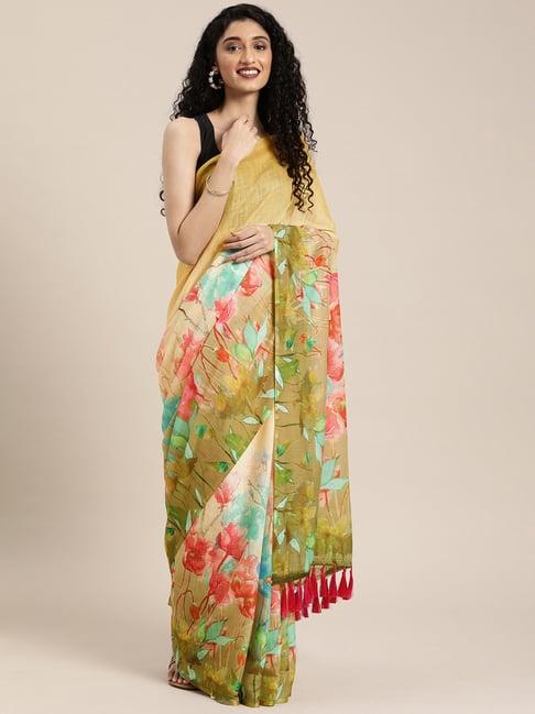 vastranand green floral print saree with unstitched blouse