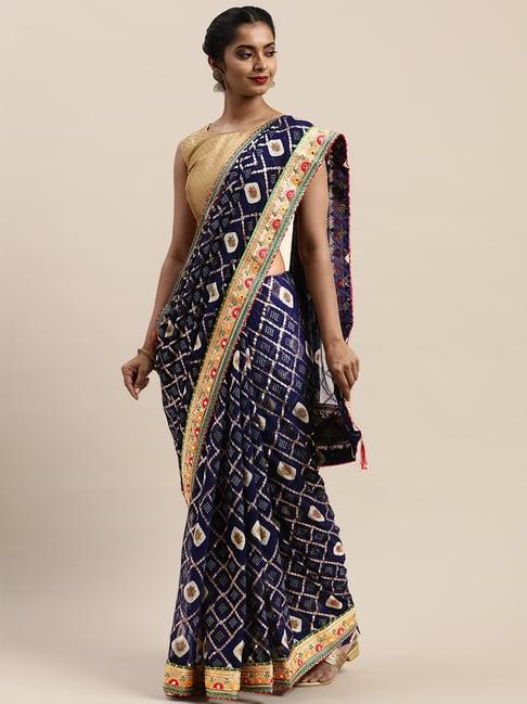 vastranand navy printed saree with unstitched blouse