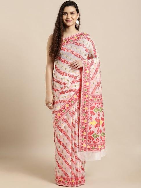 vastranand white & red woven saree with unstitched blouse