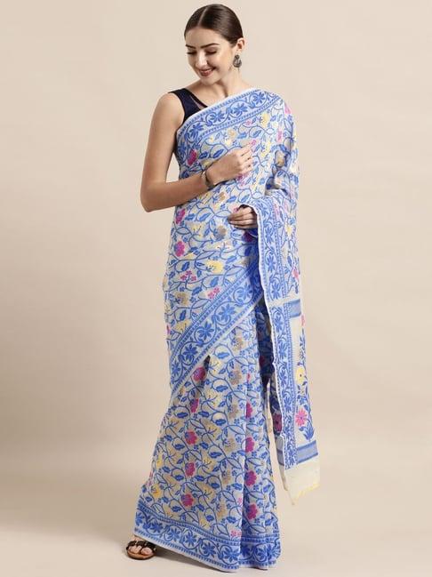 vastranand cream & blue woven saree with unstitched blouse