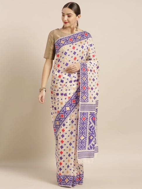 vastranand cream & blue woven saree with unstitched blouse