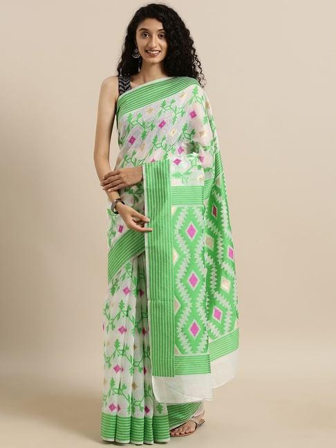 vastranand white & green woven saree with unstitched blouse