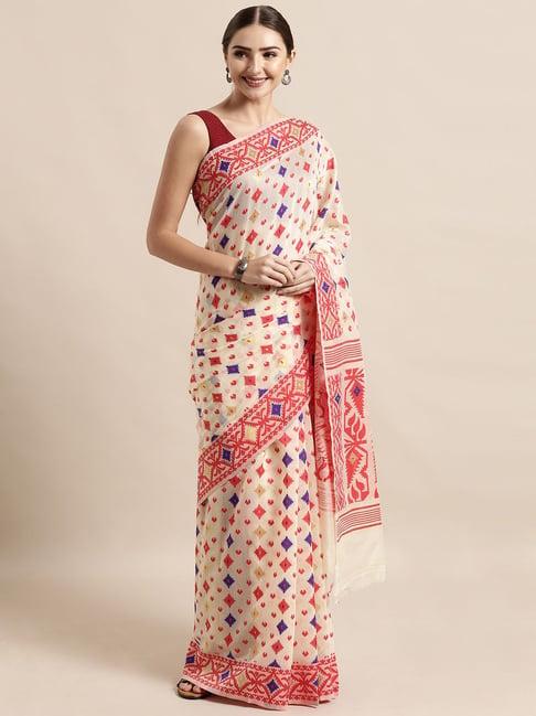 vastranand cream & red woven saree with unstitched blouse