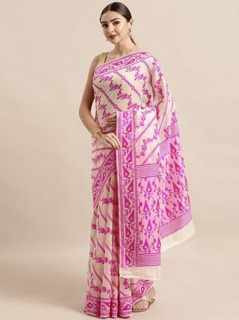 vastranand cream & pink woven saree with unstitched blouse