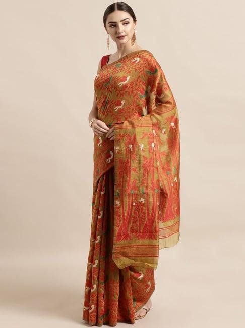 vastranand mustard & red woven saree with unstitched blouse