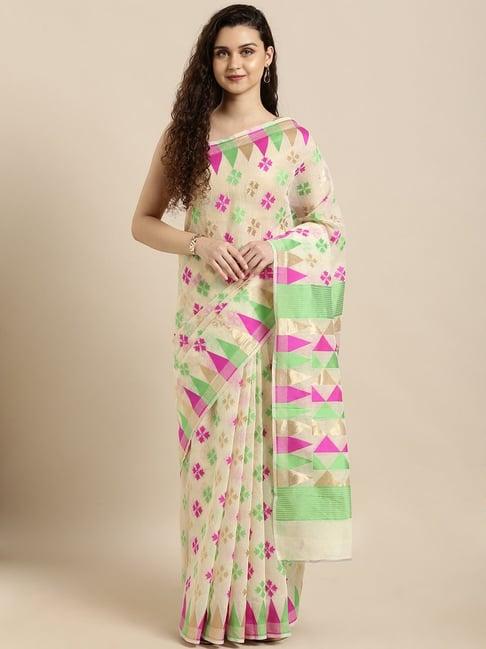 vastranand cream woven saree with unstitched blouse