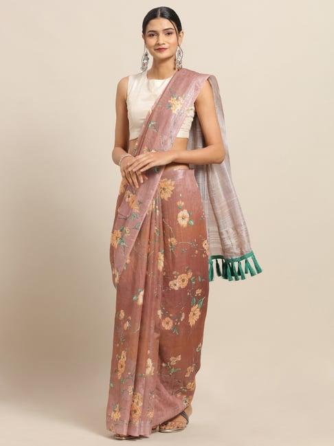 vastranand brown floral print saree with unstitched blouse