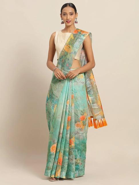 vastranand green floral print saree with unstitched blouse