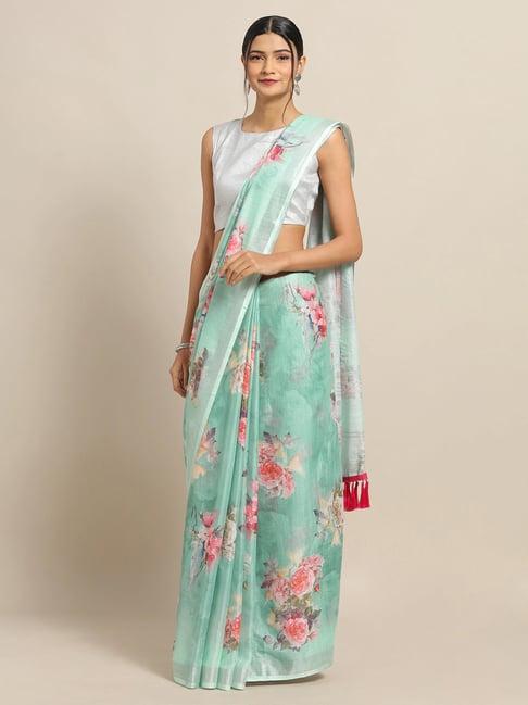 vastranand green floral print saree with unstitched blouse